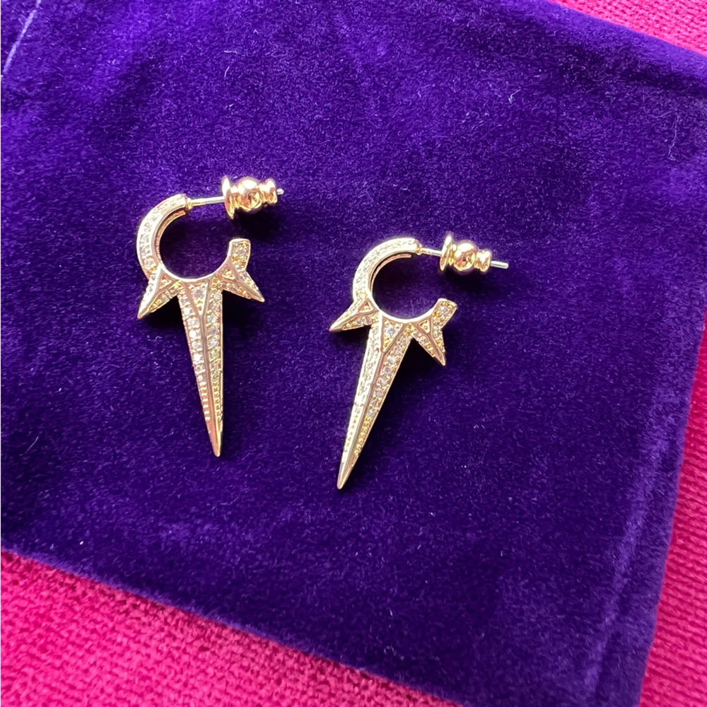 🆕 Huggie 14k gold plated earrings spike pave edgy unique fun new boutique